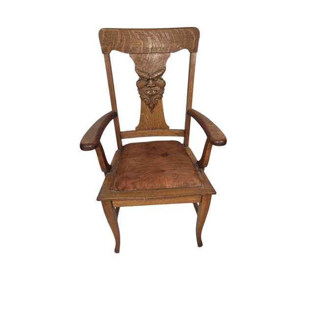 Antique Gothic Revival Oak Armchair With Hand-Carved Devil Mask Back For Sale - Image 4 of 6