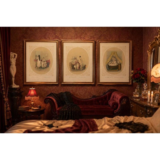 Bülow, Set of Three Erotic Boudoir Lithographs, 1850, Lithograph For Sale - Image 12 of 13