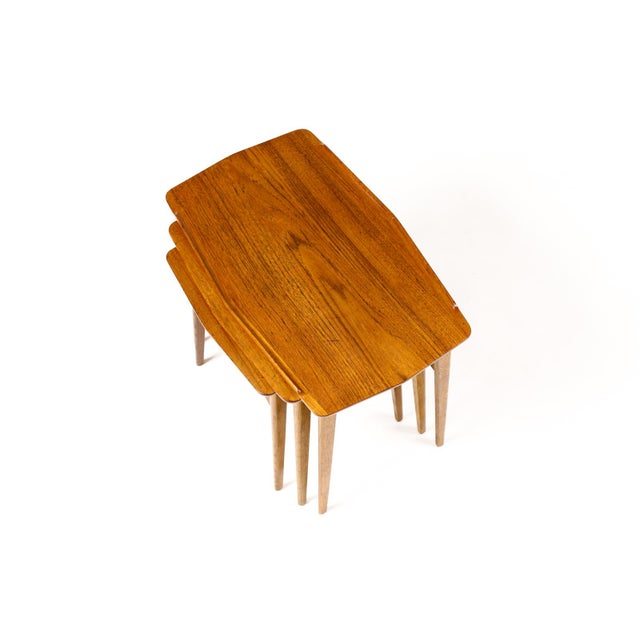 Danish Modern Mid Century Vintage Teak + Oak Nesting Tables — Set of Three — Attributed to Svend Aage Madsen For Sale - Image 9 of 15