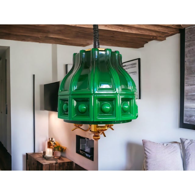 1960s Large Scandinavia Pull Down Hanging Light in Green Glass by Helena Tynell for Flygsfors, 1960s For Sale - Image 5 of 18