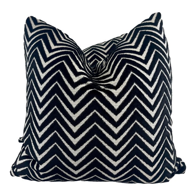 Chevron Cut Velvet in Black/White 22" Pillows-A Pair For Sale