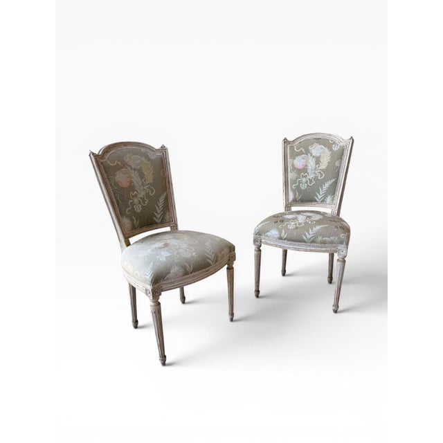 French Pair of Vintage Louis XVI Style Painted Dining Chairs With Sage & Blush Jacquard Upholstery For Sale - Image 3 of 10