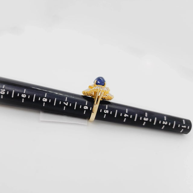 Metal Blue Sapphire Cabochon and White Diamond Baguette Ring in 18k Yellow Gold, size 5.5 For Sale - Image 7 of 7