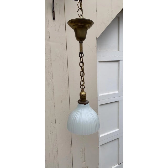 Vintage 1920s Brass Hanging Fixture With Vintage Clam Broth Shade For Sale In New York - Image 6 of 6