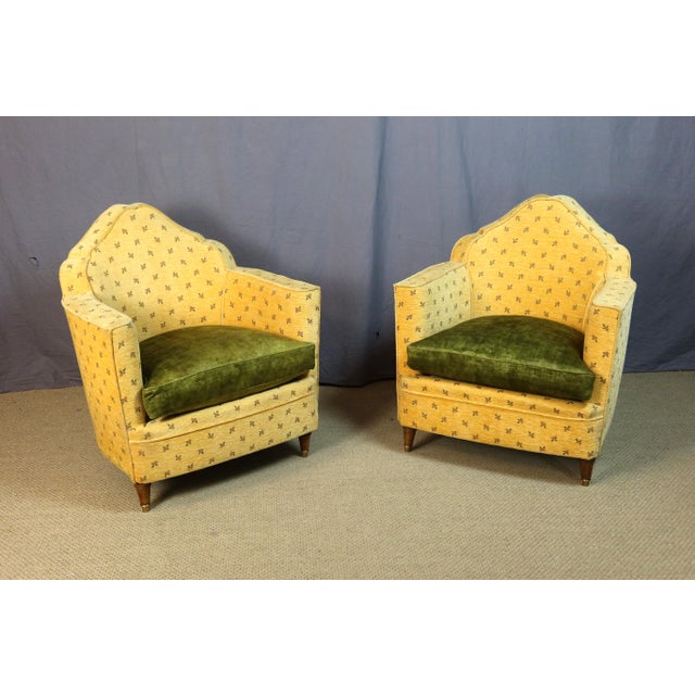 Set of three armchairs from the 1950s upholstered in yellow velvet with a floral and leaf pattern. The cushions are in...