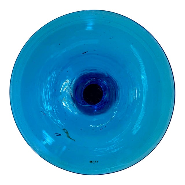 Empoli Mid-20th Century Empoli-Style Opaline Glass Compote With Hand Blown Blue Glass Stem and Foot For Sale - Image 4 of 4
