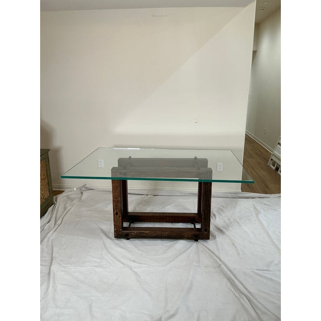 Modern Modern Glass Top Dining Table With Rustic Solid Wood Base – Rh Style For Sale - Image 3 of 14
