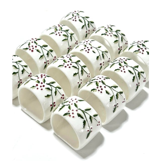 English 1970s Christmas Ceramic Napkin Rings - Holly & Berry Bone China - A Set of 12 For Sale - Image 3 of 10