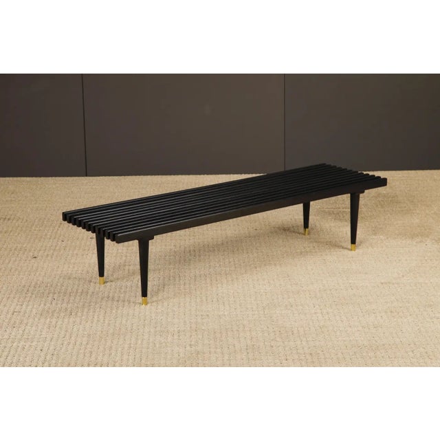 Mid-Century Modern Slatted Wood Bench or Table W Brass Sabots, Refinished, 1960s For Sale In Los Angeles - Image 6 of 15