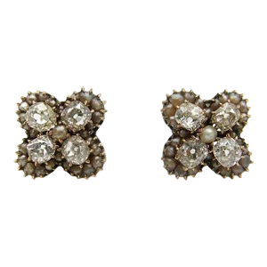 Mid 19th Century Victorian 14k Gold Old Mine Cut Diamond and Pearl Quatrefoil Earrings