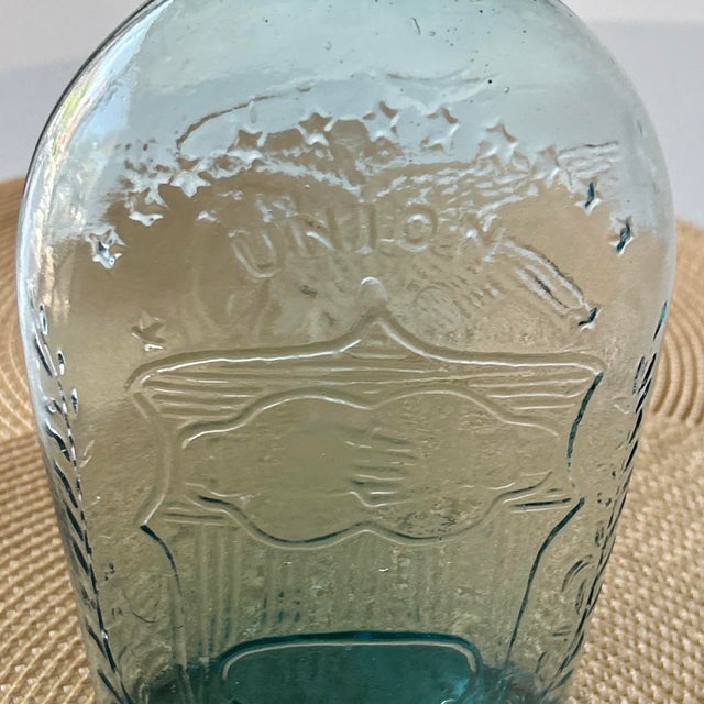 American 19th Century Aqua Blue Union Clasped Hands Eagle Flask Bottle 1800’s. 8.75”Hx5.25”Wx2.5”D For Sale - Image 3 of 13