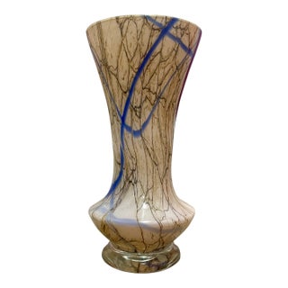 Large Mid-Century Cased Art Glass Vase - Cobalt Trailing & Amber Interior For Sale