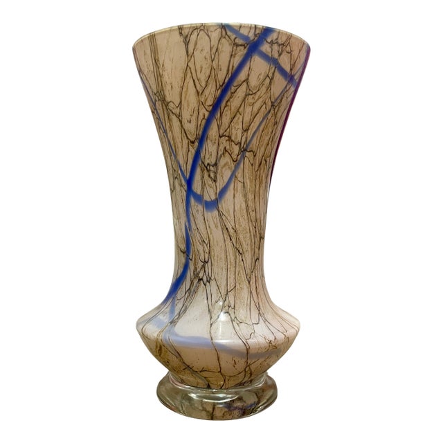 Large Mid-Century Cased Art Glass Vase - Cobalt Trailing & Amber Interior For Sale