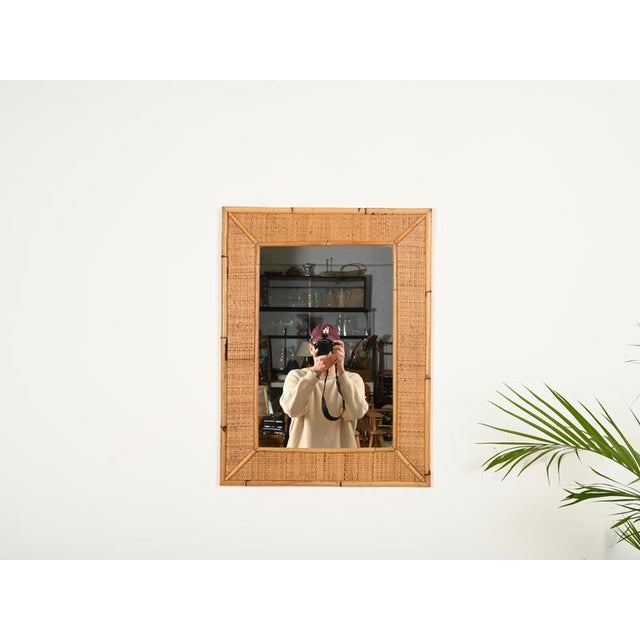 Large French Riviera Rectangular Mirror in Bamboo and Woven Rattan, Italy, 1970s For Sale - Image 3 of 11