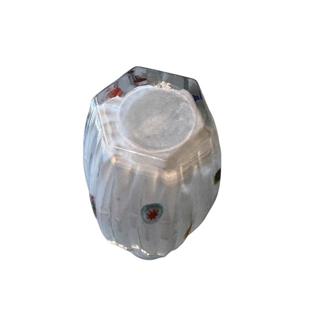 Mid Century Italian Murano Style White Ribbed Rigadin Glass Vase With Millefiori Murrine For Sale - Image 9 of 9