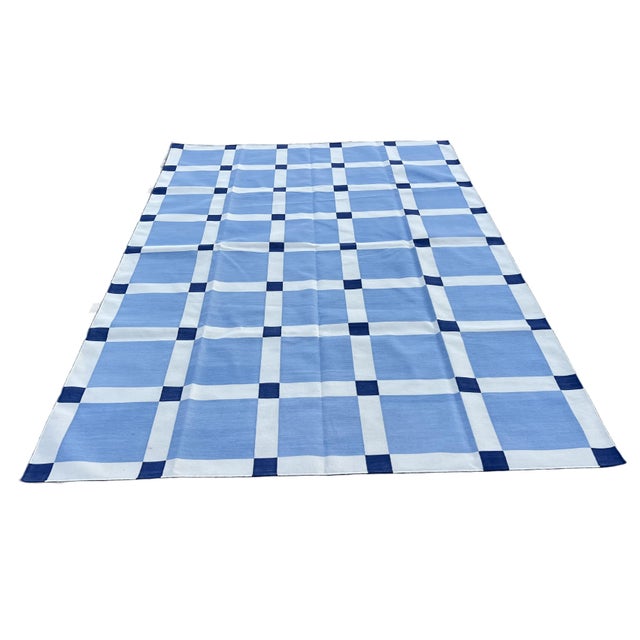 Handmade Cotton Vegetable Dyed Rug, Sky Blue and White Tile Geometric Dhurrie-6'x9' For Sale - Image 9 of 18