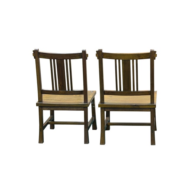 1990s Pair Zen Oriental Straight Legs Bars Backrest Solid Wood Chairs For Sale - Image 5 of 8