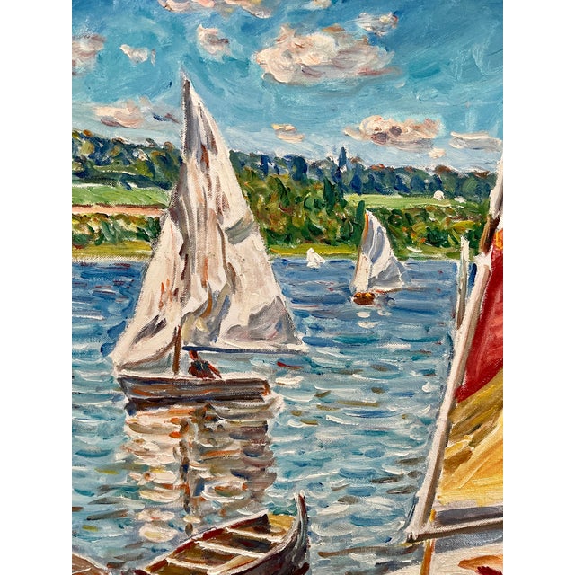 Late 20th Century Late 20th Century Edmund Jordan Windy Day Sailboats Oil Painting Coastal Landscape in Gold Frame For Sale - Image 5 of 6