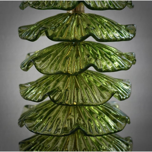 Mid-Century Murano Round Green Art Glass and Brass Table Lamp For Sale - Image 4 of 9
