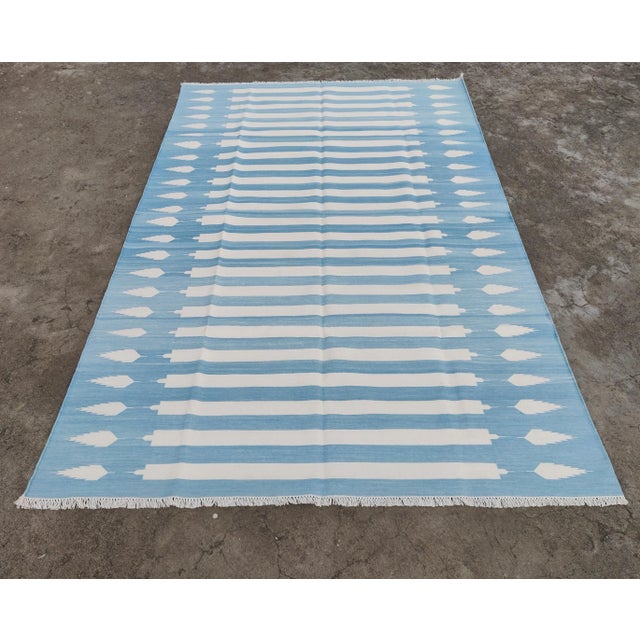Handmade Cotton Natural Vegetable Dyed Reversible Blue and White Striped Rug - 8'x10' For Sale - Image 13 of 13