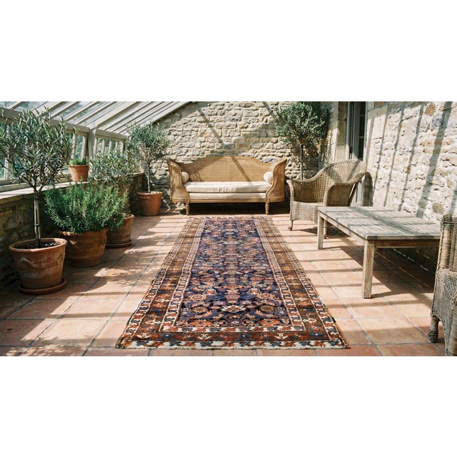 1900s Blue Navy Tribal Herati Antique Persian Bakshaiesh Runner 3' 6" X 14' 6" Handknotted Wool Carpet For Sale - Image 9 of 9