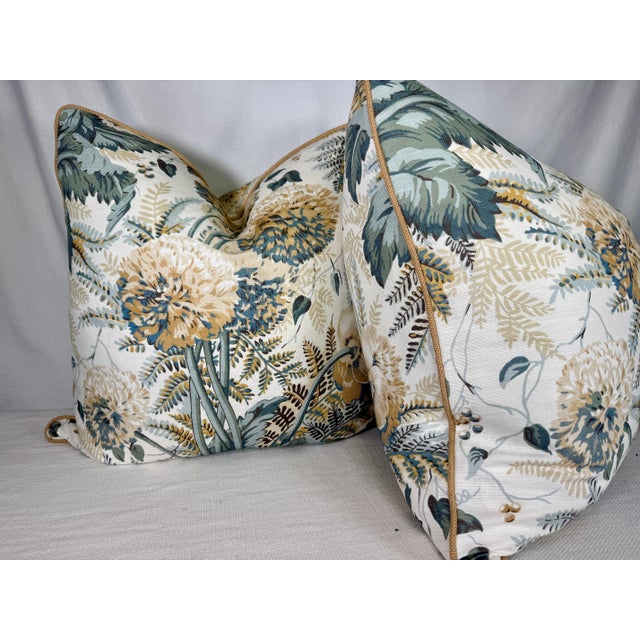 Custom pair of 22" pillows covered in Anna French "Dahlia" in color soft gold on cream. These pillows are welted in a...