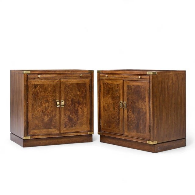 Mid-Century Modern Hickory Manufacturing Mid Century Burlwood and Brass Nightstands - Pair For Sale - Image 3 of 12