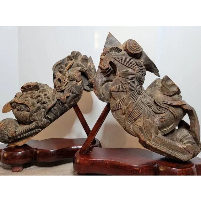 Late 19th Century Antique Chinese Carved Polychrome Foo Dog Lion Architectural Corbels - a Pair For Sale - Image 5 of 11