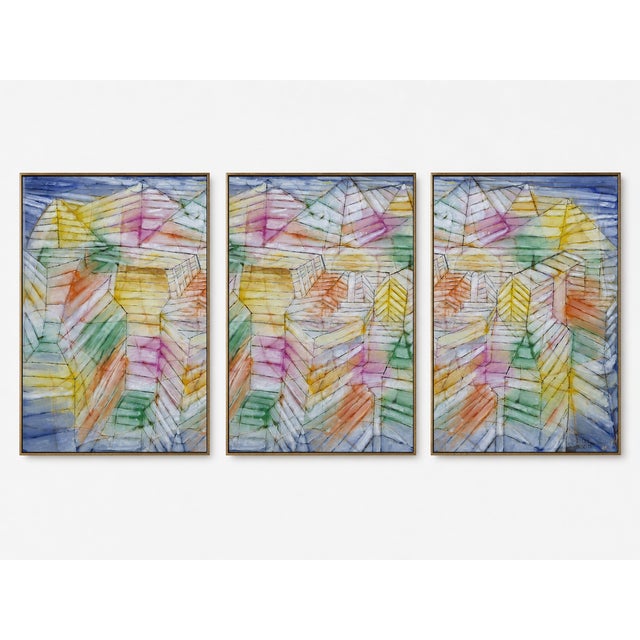 Paul Klee triptych wall art featuring three colorful abstract architectural prints adapted from Theater-Mountain-...