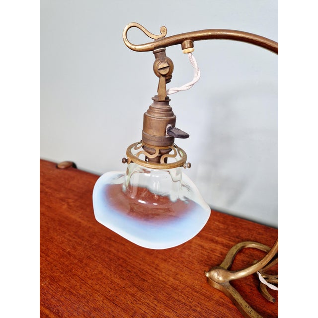 Art Nouveau Table Lamp in Bronze and Brass with Opalescent Glass Shade, France, 1900s For Sale - Image 3 of 14