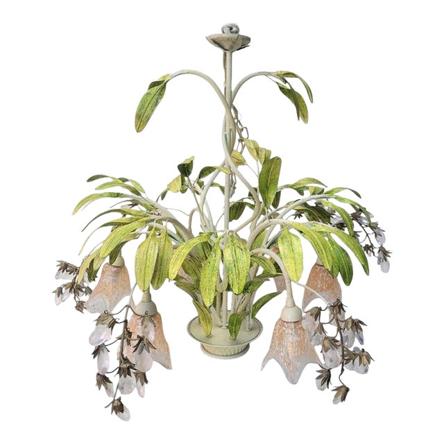 Hollywood Regency Tole 6 Light Palm Leaf Crystal Chandelier For Sale