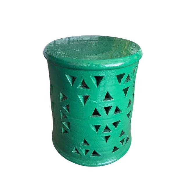 Moroccan Vintage Moroccan Emerald Green Pierced Ceramic Garden Stool & Lantern For Sale - Image 3 of 10