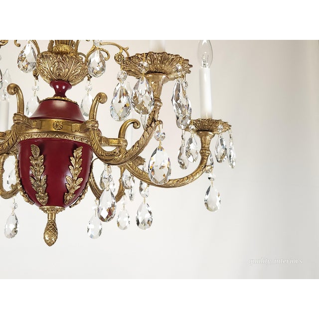Antique 6 Light Shimmering Oxblood Empire Brass Cut Lead Crystal Chandelier ~ Rewired ~ Restored ~ Rejuvenated ~ Ready to Hang ~ For Sale - Image 4 of 12