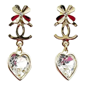 Chanel Brand New Gold CC Clover CC Heart Crystal Dangle Piercing Earrings - 2 Pieces
