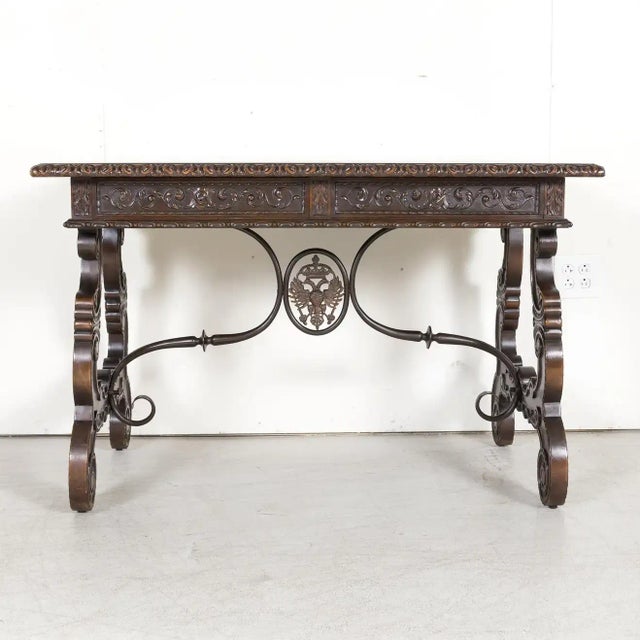 19th Century Spanish Baroque Style Walnut Lyre Leg Writing Table or Side Table For Sale - Image 4 of 13