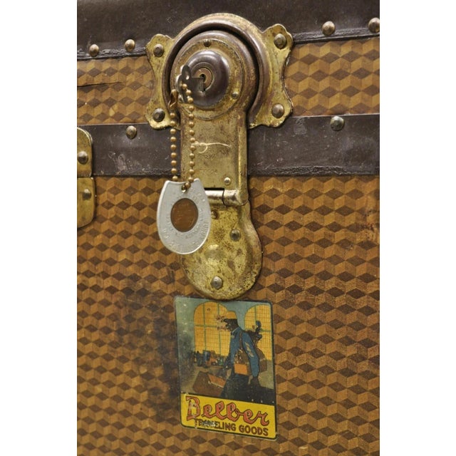 Early 20th Century Antique Belber Traveling Goods Brown Monogram Print Hard Case Steamer Trunk For Sale - Image 5 of 12