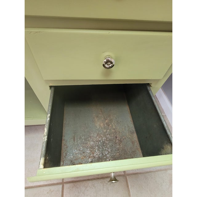 Antique Sellers "Kitcheneed" Hoosier Cabinet - Elwood, Indiana – Sage Green & Oak For Sale In Mobile - Image 6 of 12