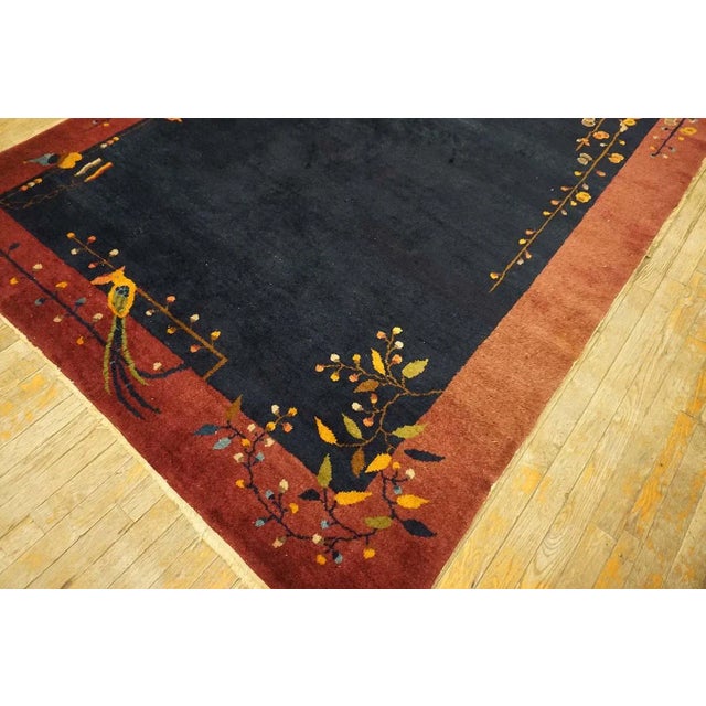 1920s 1920s Blue Navy Minimalist Bird Antique Chinese Art Deco Carpet 6' X 8'9" Knotted Wool Rug For Sale - Image 5 of 12