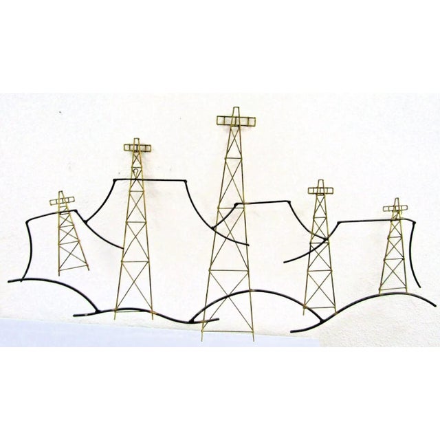 Metal 1950s Mid-Century Modern Oil Rig Landscape Wall Wire Sculpture For Sale - Image 7 of 9