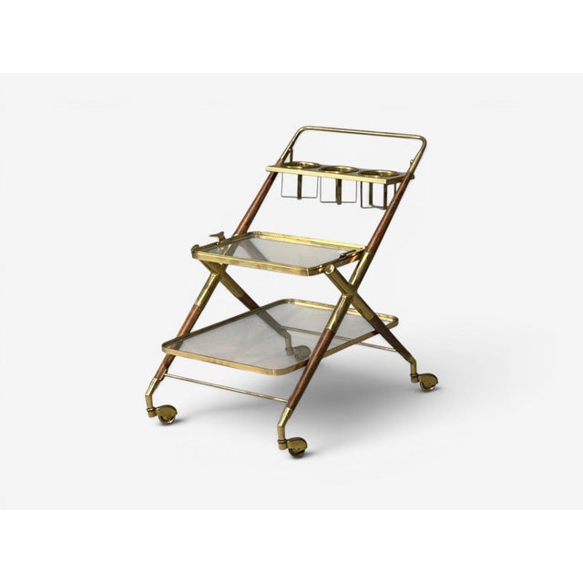 Italian Modern, Bar Cart, Teak, Brass, Glass, Italy, 1950s For Sale - Image 4 of 10