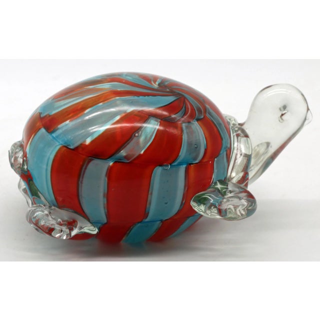 Murano Vintage Murano Glass Turtle Sculpture With Red and Aqua Ribbon Cane Shell For Sale - Image 4 of 7