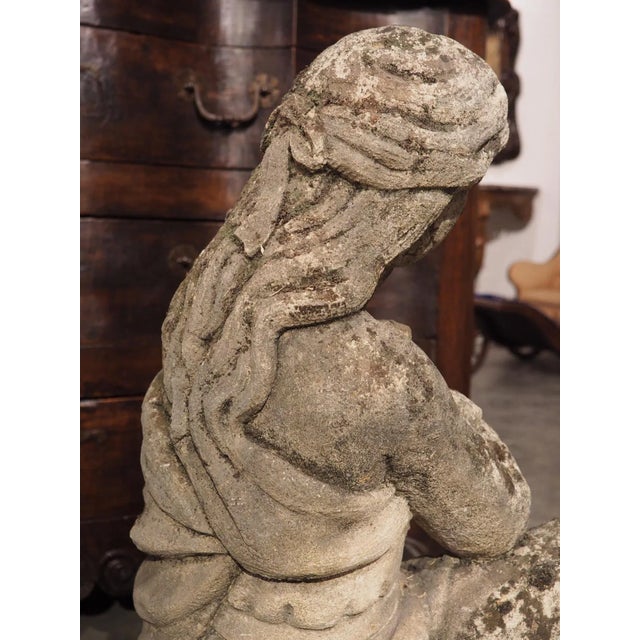 Carved Italian Limestone Statue of a Woman Holding a Bird For Sale - Image 12 of 13