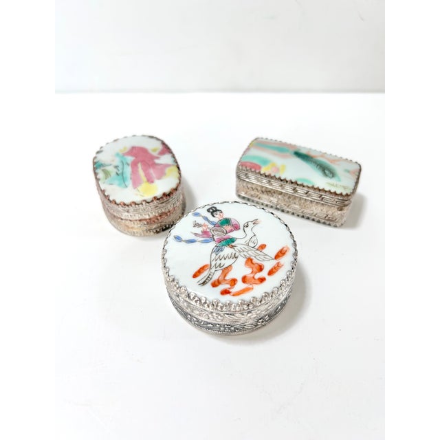 Vintage Chinese Porcelain & Silverplate Trinket Boxes – Hand Painted Figural Vanity Boxes (Set of 3) For Sale - Image 4 of 9