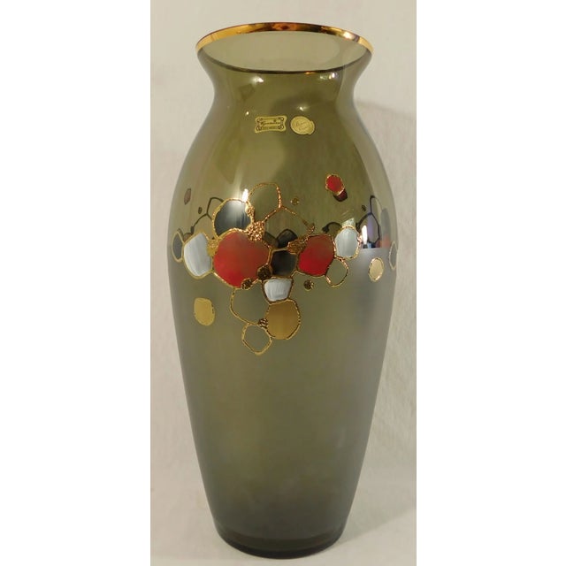 Mid 20th Century Large Mid Century 16" Egermann Czech Republic Bohemia Crystal 24k Gold Trim Vase For Sale - Image 5 of 13