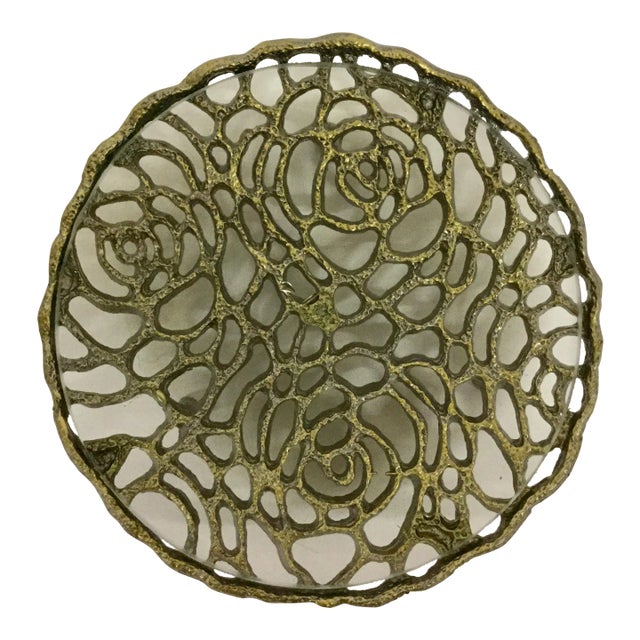 Mini Brass Carved Glass Covered Trinket Dish For Sale