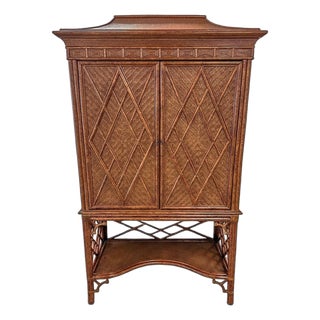 Vintage Pagoda-Top Rattan Cabinet With Diamond-Weave Doors For Sale