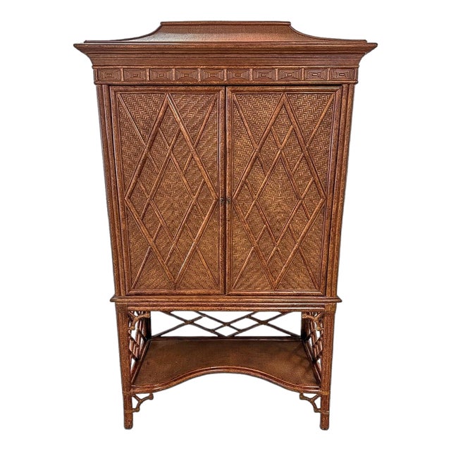 Vintage Pagoda-Top Rattan Cabinet With Diamond-Weave Doors For Sale