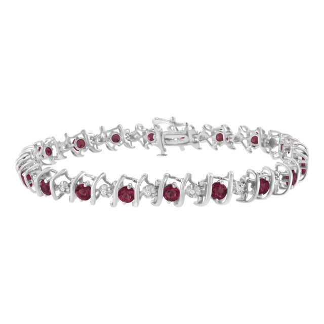 .925 Sterling Silver, Lab-Grown Gemstone and 4 Cttw Round Diamond Tennis Bracelet (H-I Color, I1-I2 Clarity) - Created Ruby, July Birthstone For Sale