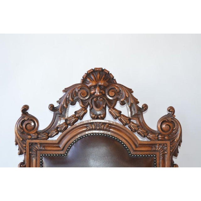 Mid-19th Century Italian Baroque Style Walnut & Leather Throne Chair For Sale In Los Angeles - Image 6 of 11