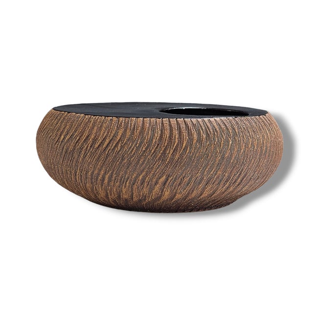 Japanese Carved Studio Pottery Ikebana Bowl, Signed Nagakawa Tōgei 9" For Sale - Image 4 of 12